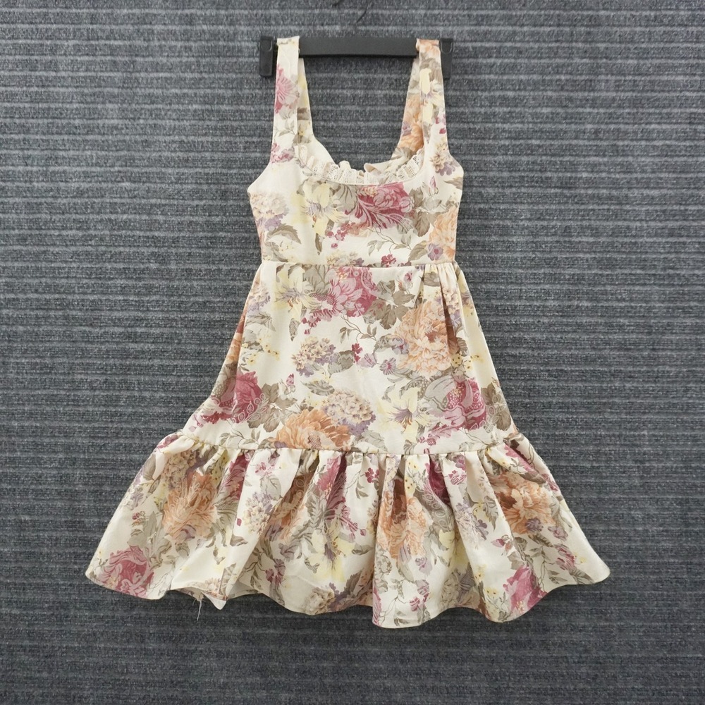 Vintage Midcentury Floral Sun Dress Girls Size 10 Cream Ruffle Hem Talon Zipper